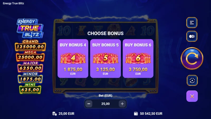 Energy True Blitz - menu kúpy bonusu